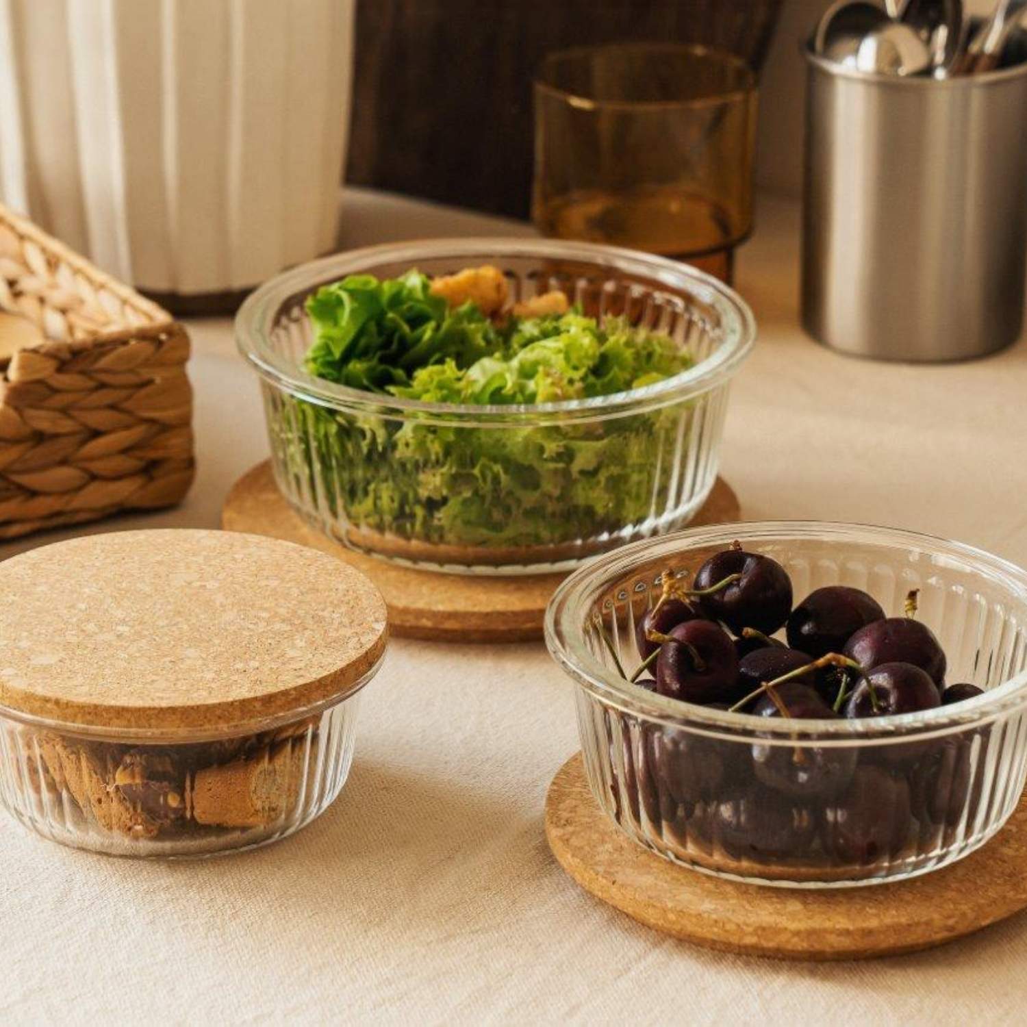 Boîte de rangement empilable en verre et liège